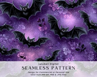 Patrón sin costuras de murciélagos de Halloween: papel digital gótico morado melancólico, fondo de murciélago violeta en acuarela