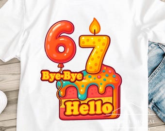Geburtstag PNG: Ballon & Kuchen Zahlen T-Shirt Design, Trending 67 Kids Party Sublimationsgrafik