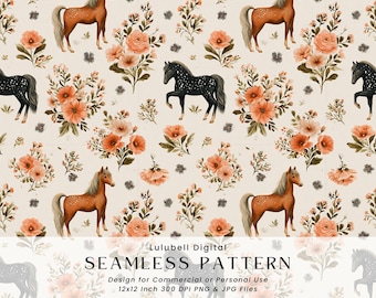 Rustic Horse Floral Seamless Pattern: Appaloosa Digital Paper, Spotted Pony Horse Lover Background