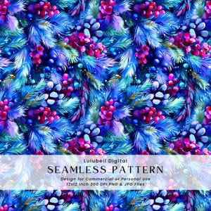 May include: A seamless pattern with a digital art style, showcasing blue and purple pine needles, berries, and pinecones. The image includes the text "SEAMLESS PATTERN" and "Lulubell Digital". The design is for commercial or personal use, 30.48 x 30.48 cm, 300 DPI PNG & JPG files.