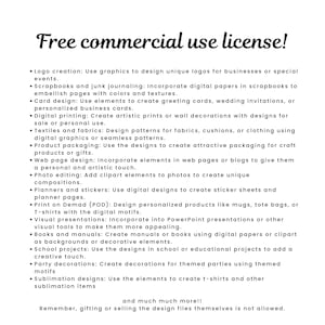May include: White background with black text that reads "Free commercial use license!" followed by a list of uses for digital designs, including logos, scrapbooks, card design, digital printing, textiles, product packaging, and more.