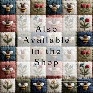 Puede incluir: Un dise&ntilde;o de patchwork con cuadrados bordados con abejas, flores y cerezas. Los cuadrados son de varios colores, incluyendo azul, verde y rosa. El texto en el centro dice "Also Available in the Shop."