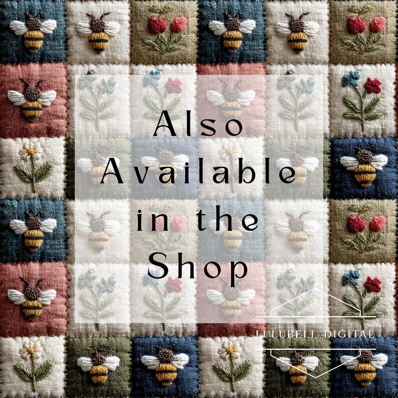 Puede incluir: Un dise&ntilde;o de patchwork con cuadrados bordados con abejas, flores y cerezas. Los cuadrados son de varios colores, incluyendo azul, verde y rosa. El texto en el centro dice "Also Available in the Shop."