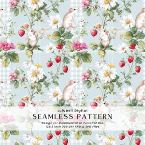 May include: Seamless pattern featuring watercolor illustrations of white mice, strawberries, daisies, and pink flowers on a light blue plaid background. The design includes the text "Lulubell Digital SEAMLESS PATTERN" and is suitable for commercial or personal use.