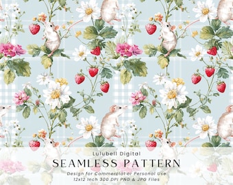 Mouse & Strawberry Seamless Pattern: Cottagecore Gingham Digital Paper, Commercial Use Okay Surface Design Pattern