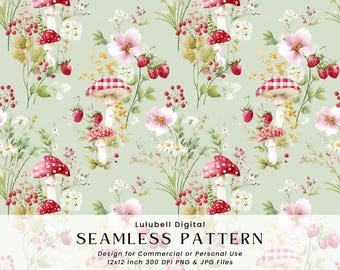 Mushrooms & Strawberry Seamless Pattern: Cottagecore Gingham Digital Paper, Commercial Use Okay Surface Design Pattern