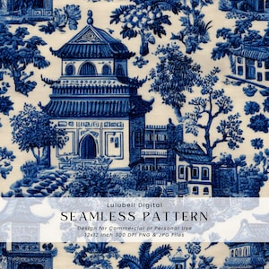 May include: A seamless pattern featuring a blue and white Chinoiserie design. The pattern includes detailed illustrations of pagodas, trees, and other architectural elements. The text "SEAMLESS PATTERN" is displayed at the bottom.