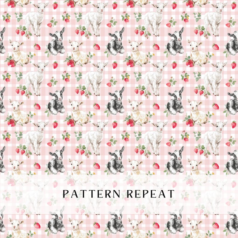 May include: A repeating pattern featuring white and black goats, strawberries, and floral elements on a pink gingham background. The text "PATTERN REPEAT" is displayed at the bottom of the image. This design is suitable for fabric or wallpaper.