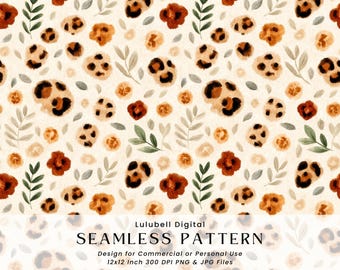 Leopard Spot Garden Seamless Pattern: Creamy Autumn Botanical Digital Paper, Animal Print & Leaves Background