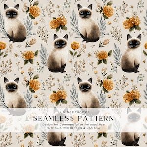 May include: A seamless pattern with Siamese cats, yellow roses, and floral details on a cream backdrop. The design includes the text "SEAMLESS PATTERN" and "Design for Commercial or Personal Use 12x12 Inch 300 DPI PNG & JPG Files".