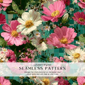 Puede incluir: Un patrón floral sin costuras con grandes flores rosas y blancas con centros amarillos, sobre un fondo de baldosas turquesas. El diseño incluye flores blancas más pequeñas y follaje verde. El texto "SEAMLESS PATTERN" es visible.