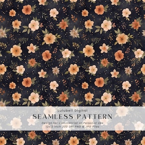 May include: A seamless floral pattern with peach and cream-colored flowers, green foliage, and gold flecks on a dark navy blue backdrop. The design includes the text "SEAMLESS PATTERN".