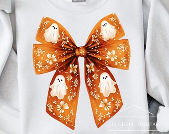 Ghost Bow PNG: Orange Halloween Coquette T-Shirt Graphic, Preppy Fall Ghost Ribbon Sublimation Design