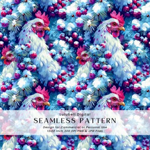 May include: Seamless pattern featuring white chickens with red combs and beaks, set against a backdrop of blue and white foliage with red berries. The design is labeled "SEAMLESS PATTERN" and is for commercial or personal use.