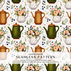 May include: A repeating pattern of teapots in brown, green, and white, each adorned with floral bouquets. The design includes small flowers and leaves on a white backdrop. The text "Lulubell Digital SEAMLESS PATTERN" is visible.