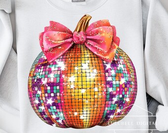 Disco Ball Pumpkin PNG: Trendy Coquette Fall T-Shirt Graphic, Girly Pumpkin Bow Sublimation Design