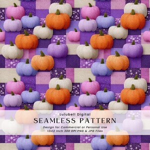 May include: A repeating pattern of pumpkins in various colours including orange, purple, pink, blue, and white, set on a patchwork background. The pumpkins have green stems. The text "SEAMLESS PATTERN" is displayed.