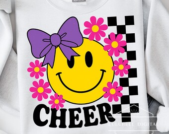 Retro Cheerleader Smiling Face PNG: Flower Power & Bow T-Shirt Graphic, Sporty Checkerboard Sublimation Design