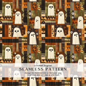 以下が含まれることがあります： 茶色、オレンジ、緑の色合いの幾何学模様のパッチワークを背景に、黒い目と口を持つ白い幽霊のシームレスパターン。デザインには「SEAMLESS PATTERN」と「Lulubell Digital」の文字が含まれています。