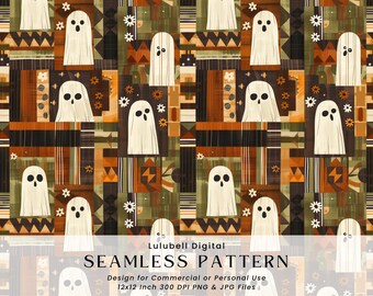Halloween Patchwork Ghosts Seamless Pattern: Geometric Phantoms Digital Paper, Retro Boho Ghost Background