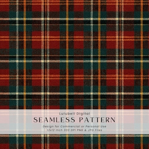 Peut inclure: Un motif sans couture à carreaux dans les tons de rouge, vert, orange et noir. Le motif présente une grille de lignes entrecroisées et de blocs rectangulaires. Le texte "SEAMLESS PATTERN" est affiché en bas.