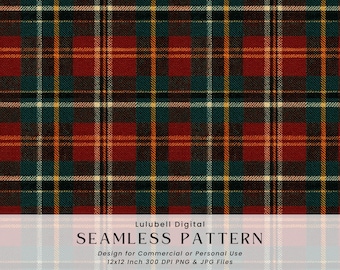 May include: A seamless pattern featuring a plaid design in shades of red, green, orange, and black. The pattern includes a grid of intersecting lines and rectangular blocks. The text "SEAMLESS PATTERN" is displayed at the bottom.