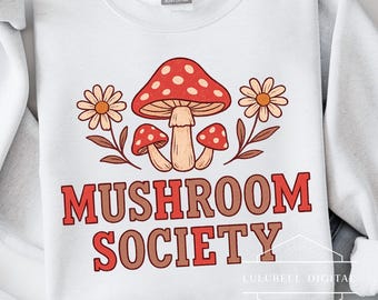 Mushroom Society PNG: Retro Cottagecore Mushroom & Daisy T-Shirt Graphic, Forestcore Nature Sublimation Design