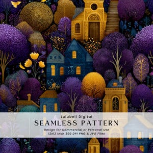 May include: A digital seamless pattern featuring a whimsical landscape with buildings and trees in shades of blue, gold, and purple. The design includes the text "SEAMLESS PATTERN" and details about the file size and resolution.
