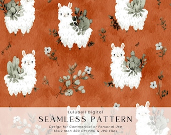 Boho Alpaca Seamless Pattern: Terracotta Botanical Digital Paper, Rustic Alpacas PNG For Commercial Use