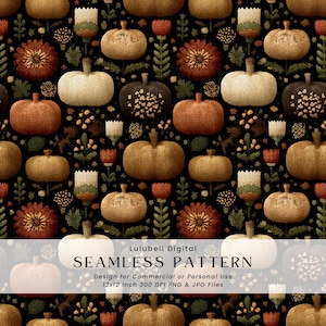May include: A repeating pattern with pumpkins, flowers, and leaves in autumnal colours of orange, brown, and cream on a black backdrop. The design includes various pumpkin shapes and floral elements. The text "Lulubell Digital SEAMLESS PATTERN" is displayed.