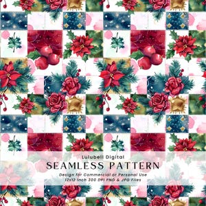 Könnte beinhalten: Ein nahtloses Muster mit einem Patchwork-Design, das Aquarellillustrationen von Weihnachtselementen zeigt. Das Design umfasst rote Weihnachtsstern, Beeren, Kiefernzweige und Sterne auf weißem Hintergrund. Der Text "SEAMLESS PATTERN" ist unten sichtbar.