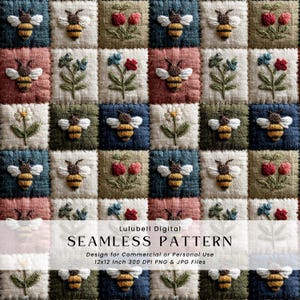 Puede incluir: Patrón sin costuras con cuadrados bordados con abejas, flores y cerezas. Los cuadrados son de varios colores, incluyendo azul, rosa, verde y blanco. El texto "SEAMLESS PATTERN" se muestra, junto con el texto "Design for Commercial or Personal Use 12x12 Inch 300 DPI PNG & JPG Files."