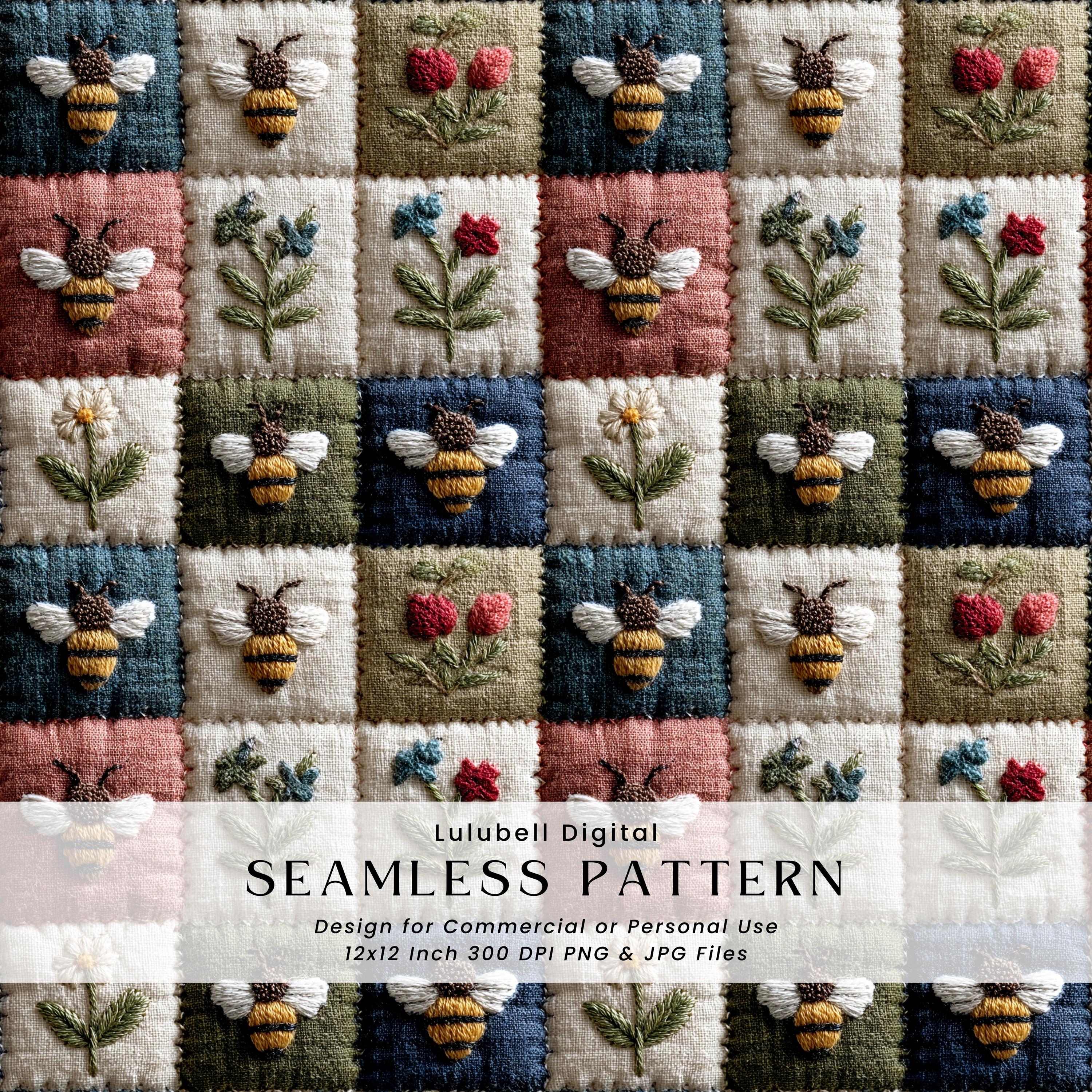 Patchword Bee Pattern Patchwork Honeybee Seamless Pattern: Faux Embroidery Bee Digital Paper ...