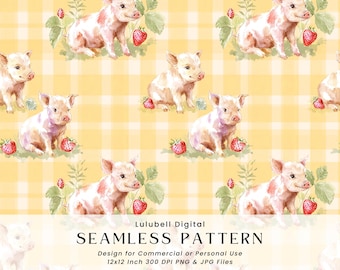 Strawberry Pig Seamless Pattern: Yellow Gingham Digital Paper, Commercial Use Okay Surface Design Pattern