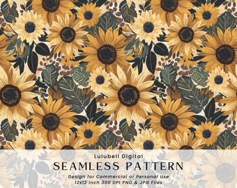 Rustic Sunflowers Seamless Pattern: Autumn Countryside Digital Paper, Farmhouse Floral Background Design