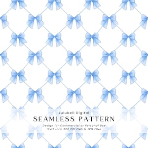 Könnte beinhalten: Nahtloses Muster mit hellblauen Schleifen auf weißem Hintergrund, verbunden durch hellblaue Linien. Der Entwurf enthält den Text "SEAMLESS PATTERN" und Details zur beabsichtigten Verwendung und den Dateispezifikationen.