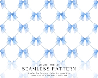 Pastel Blue Bow Lattice Seamless Pattern: Ribbon Digital Paper, Baby Boy Bows Nursery Background