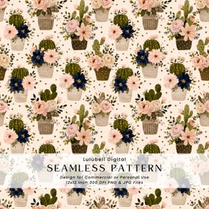 May include: A seamless pattern featuring potted cacti and floral arrangements in soft pink, navy, and cream hues. The design includes various flower types and cactus shapes, set against a light beige background with small star accents. The text "SEAMLESS PATTERN" is visible.