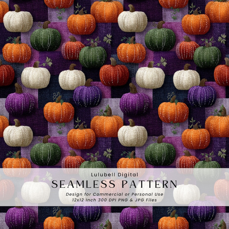 A seamless autumn pattern featuring stitched pumpkins in orange, cream, purple, and green on a rustic quilted patchwork background with a textured checkered design, perfect for fall farmhouse and Thanksgiving crafts.