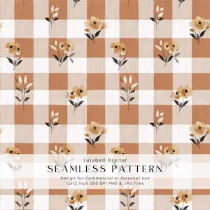 Könnte beinhalten: Nahtloses Musterdesign mit einem Vichy-Karo-Hintergrund in Braun und Weiß. Über das Muster verteilt sind Aquarellillustrationen von gelben Blumen und Zweigen. Der Text "SEAMLESS PATTERN" wird angezeigt.