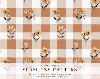 Tan Autumn Check Seamless Pattern: Rustic Gingham Floral Digital Paper, Farmhouse Fall Plaid Background