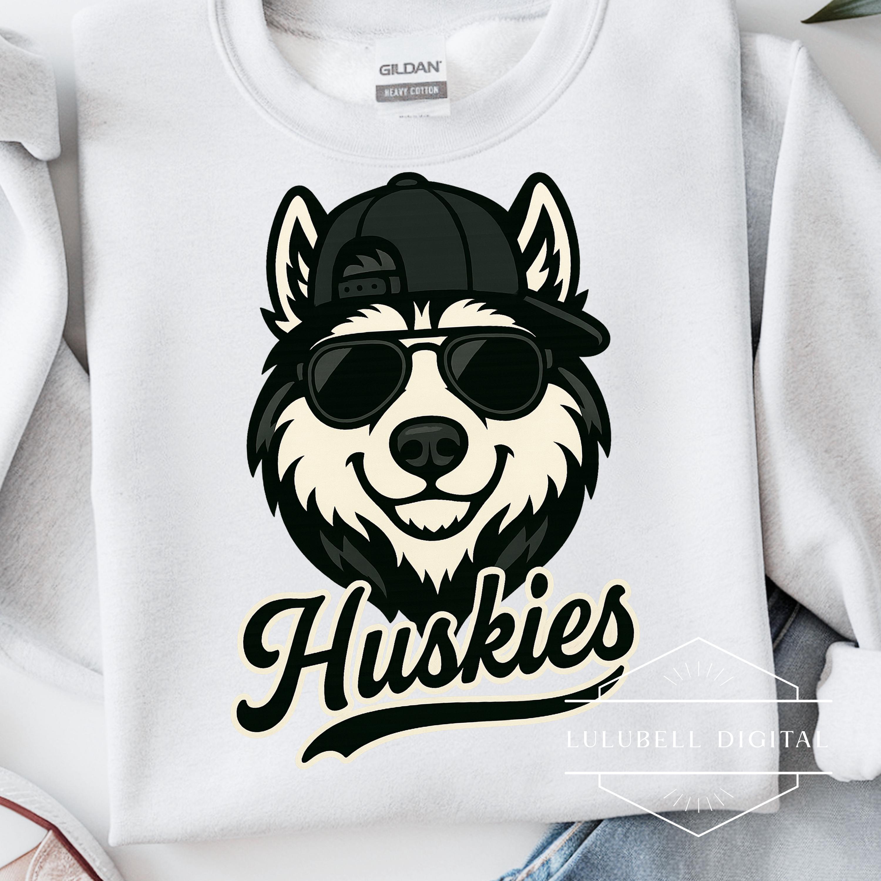 Huskies Mascot PNG: Sunglasses & Backward Hat T-Shirt Graphic, School Team Sublimation Design