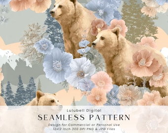 Pastel Mountain Bears Seamless Pattern: Rustic Alpine Forest Digital Paper, Wild Bear Background