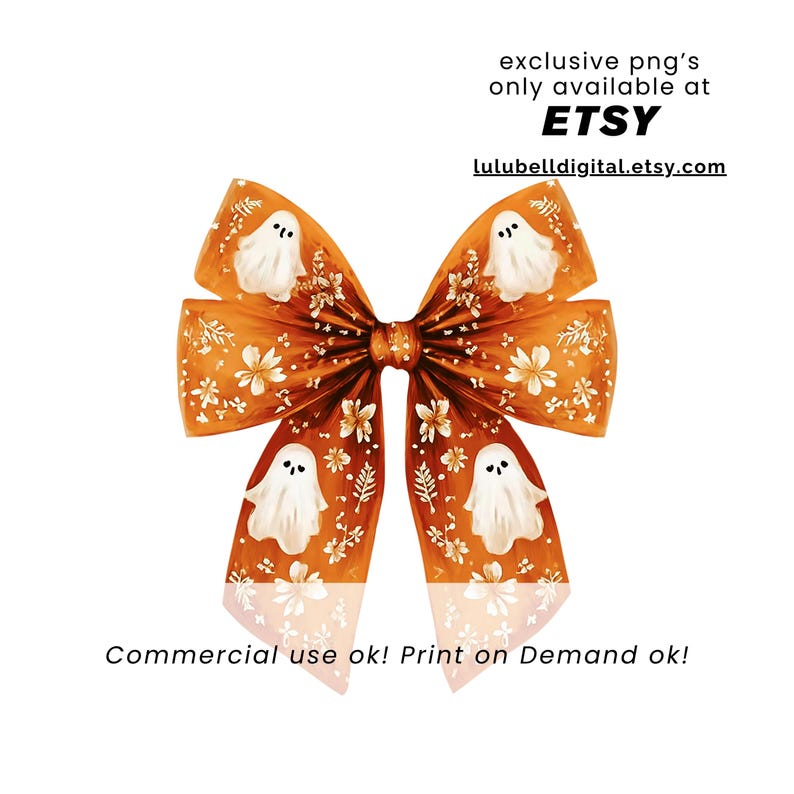 May include: A decorative orange bow with white ghost and floral designs. The bow has a central knot and is adorned with small white flowers and leaves. Text on the image reads "exclusive png's only available at ETSY" and "Commercial use ok! Print on Demand ok!"