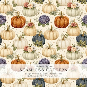 Puede incluir: Patrón sin costuras con calabazas de acuarela en tonos naranja, crema y azul marino, adornadas con arreglos florales y follaje. El diseño incluye el texto "SEAMLESS PATTERN" y "Lulubell Digital". El patrón es de 30,48 x 30,48 cm.