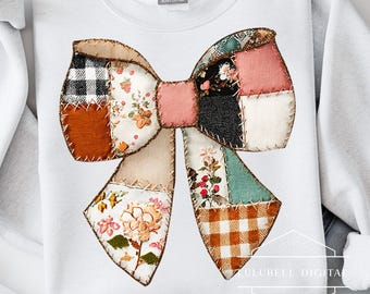 Lazo de patchwork otoñal PNG: Gráfico de camiseta de cuadros vichy rústicos, diseño de sublimación de cinta cosida acolchada otoñal