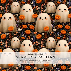 May include: A seamless pattern with smiling ghost figures and orange flowers on a dark background. The design includes other floral elements. The text "SEAMLESS PATTERN" is visible. The design is for commercial or personal use and is 30.48 x 30.48 cm.
