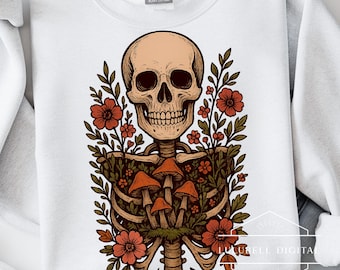 Cottagecore Skeleton Skull PNG: Ribcage with Mushrooms & Wildflowers T-Shirt Graphic, Gothic Halloween Sublimation Design