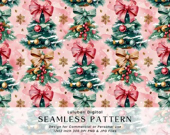Christmas Trees Seamless Pattern: Pink Bow Holiday Digital Paper, Preppy PNG For Commercial Use