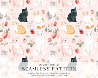Cats & Strawberries Seamless Pattern: Pink Kitten Digital Paper, Commercial Use Okay Surface Design Pattern